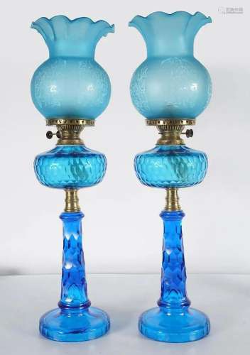 PAIR 19TH-CENTURY BLUE GLASS OIL LAMPS