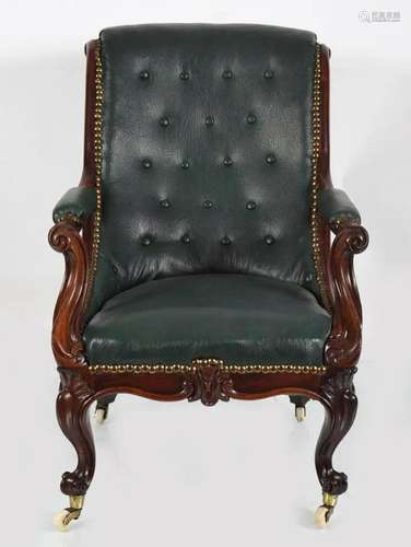 19TH-CENTURY HIDE & ROSEWOOD LIBRARY ARMCHAIR