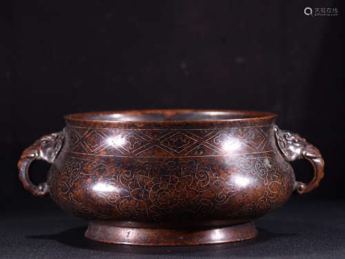 清代铜制掐银丝双兽耳香炉