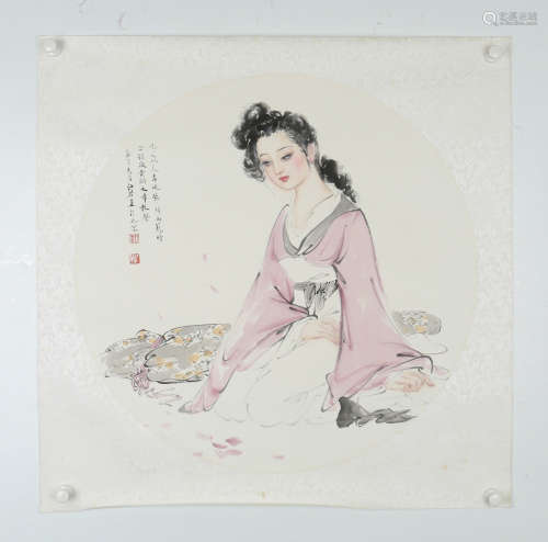 美术家协会会员、仕女画名家  刘红琴 抚琴仕女 纸本镜片
