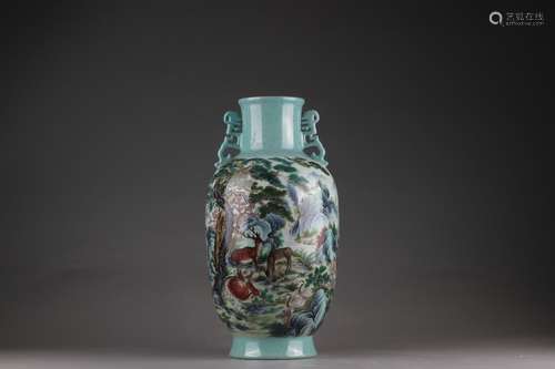 Famille Rose Vase with Deers Design and Double Handles, Qian...