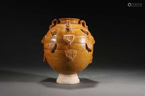 Yellow Glazed Jar with Four Loop Handles