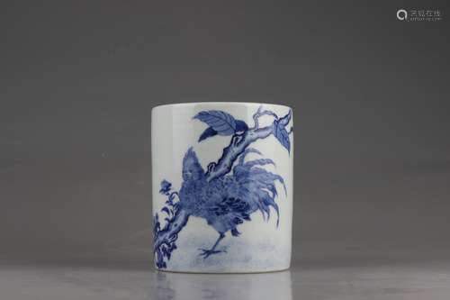 Blue-and-white Brush Holder with Flower and Bird Design, Kan...