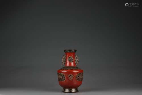 Coral Red Glazed Vase with Hollow Out Design and Double Hand...