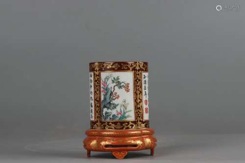 Famille Rose Brush Holder with Gold Outlining, Flowers, Bird...