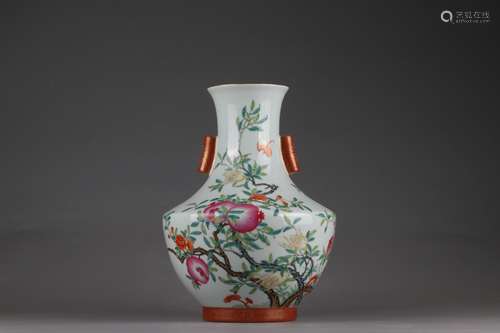 Famille Rose Vase with Peach Design and Double Handles, Qian...