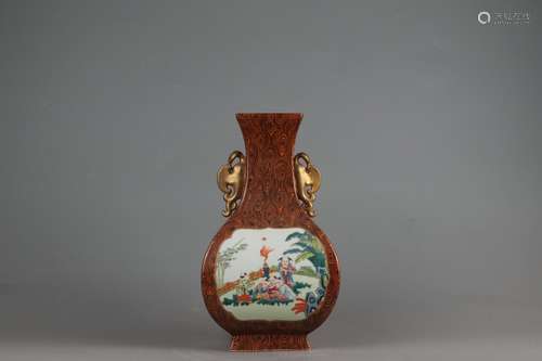 Sqaure Vase with Reserved Figure Patterns, Wooden Grains and...