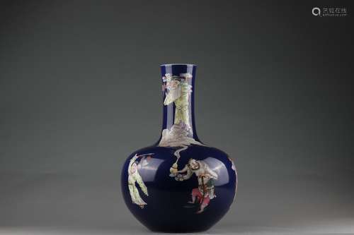 Cobalt Blue Glazed Globular-shaped Vase with Famille Rose De...