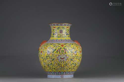 Yellow ZUN-vase with Interlaced Lotus Flowers Design and Dou...