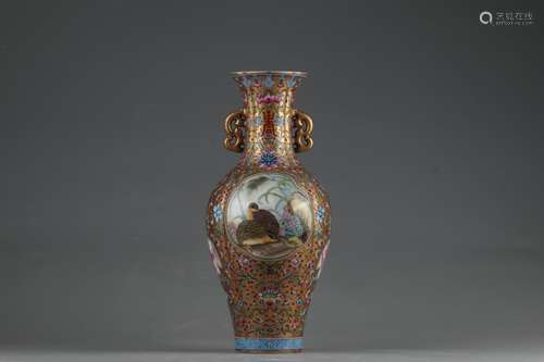 Color Enameled Double-ear Vase with Floral and Bird Design, ...