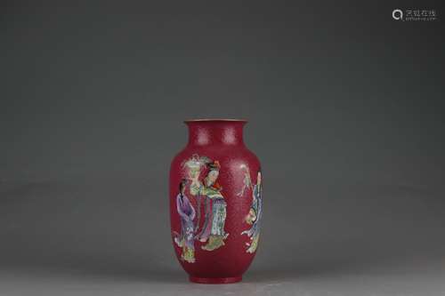 Famille Rose Lantern-shaped Vase with Carmine Red Glazed and...