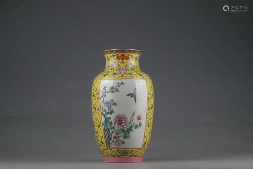 Famille Rose Vase with Floral Design on A Decorated Window, ...