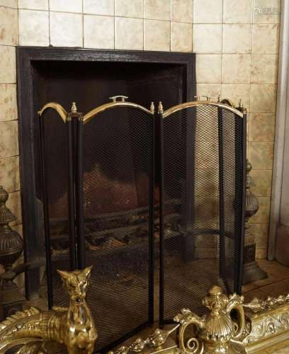 METAL AND BRASS FOUR-FOLD FIRE SCREEN