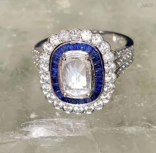 18CT WHITE GOLD DIAMOND & SAPPHIRE CLUSTER RING