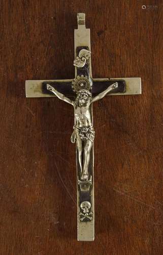 19TH-CENTURY PLATED & LEATHER BOUND CRUCIFIX