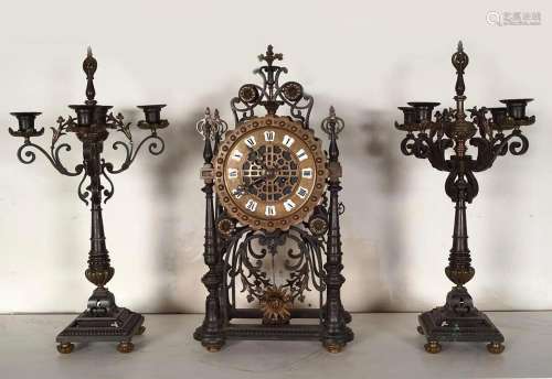 LARGE 19TH-CENTURY BRASS CLOCK GARNITURE