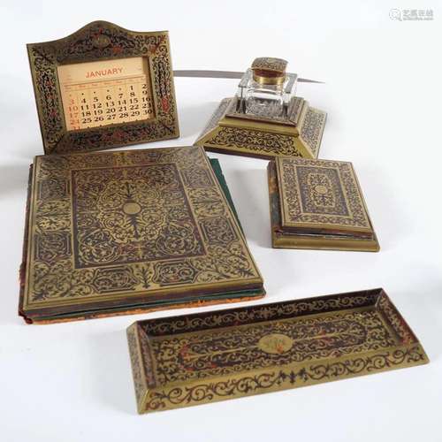 BOULLE BRASS AND TORTOISESHELL INLAID DESK SET