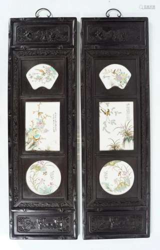 PAIR OF CHINESE HARDWOOD AND PORCELAIN PANELS