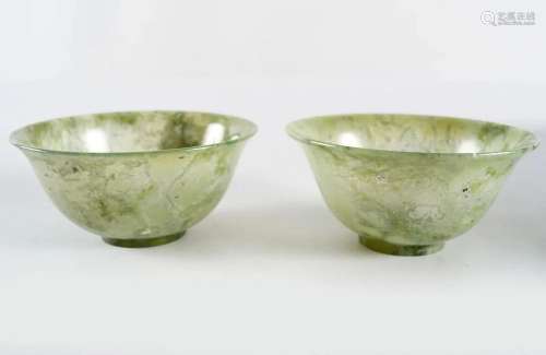 PAIR OF CHINESE MOTTLED GREEN JADE BOWLS