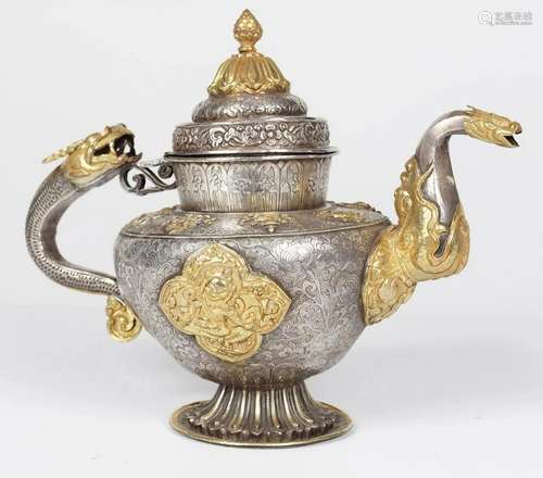 SINOTIBETIAN SILVER-GILT LIDDED CEREMONIAL TEAPOT