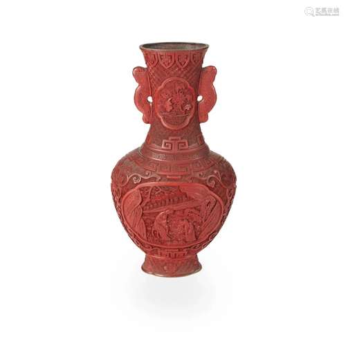 CINNABAR LACQUER HANDLED VASE 19TH-20TH CENTURY