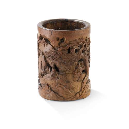 CARVED BAMBOO 'SCHOLAR AND PINE' BRUSH POT QING