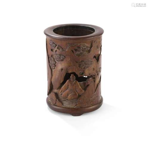 CARVED BAMBOO BRUSH POT WITH TWO SCHOLARS QING DYNASTY,