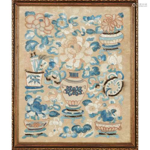 COLLECTION OF SEVEN SILK EMBROIDERED PANELS LATE QING