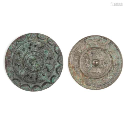 GROUP OF TWO BRONZE MIRRORS HAN DYNASTY AND LATER