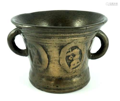 A 17th century twin handled bronze morta