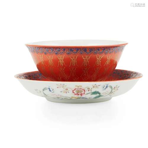 CORAL-RED-GROUND GILT-DECORATED 'LONGEVITY' BOWL A...