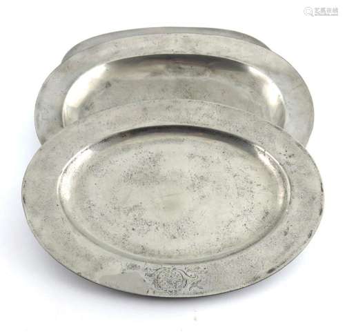 Three oval pewter dishes, Watts Harton,