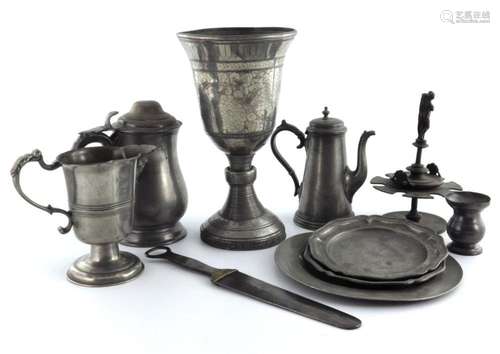 A collection of pewter, to include a lar