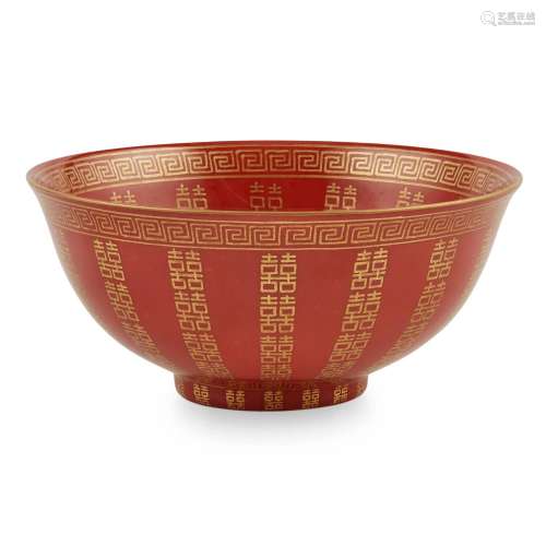 CORAL-RED-GROUND GILT-DECORATED 'MARRIAGE' BOWL TO...