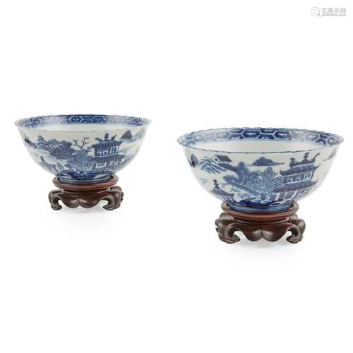 TWO BLUE AND WHITE 'PAVILLION AND LANDSCAPE' BOWLS...