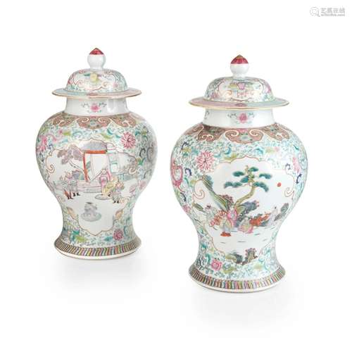 PAIR OF FAMILLE ROSE BALUSTER VASES WITH COVERS