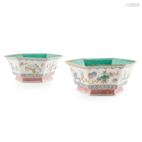 PAIR OF FAMILLE ROSE HEXAGONAL BOWLS XIANFENG MARK,