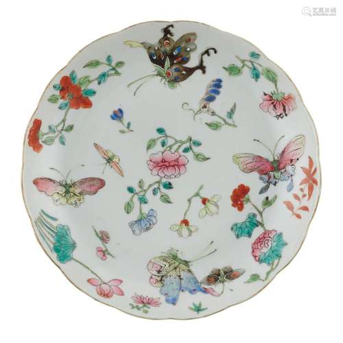 FAMILLE ROSE 'BUTTERFLY AND FLOWER' DISH QING DYNA...