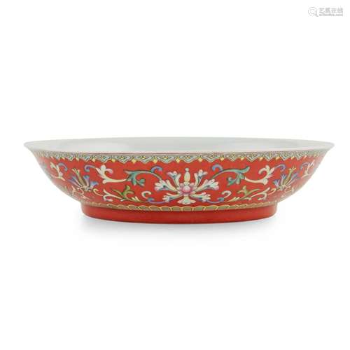 RUBY-RED-GROUND FAMILLE ROSE 'LOTUS AND BAT' PLATE