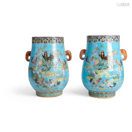 PAIR OF BLUE-GROUND FAMILLE ROSE VASES LATE QING