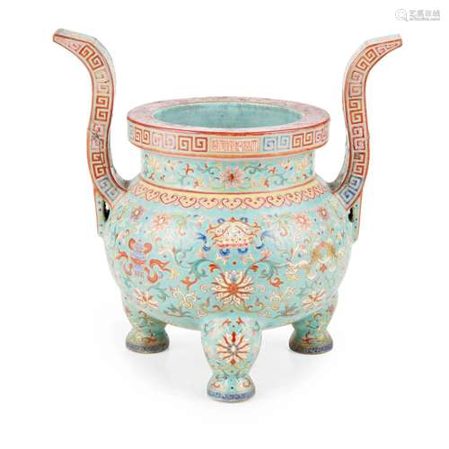 FAMILLE ROSE TRIPOD CENSER QIANLONG MARK BUT 20TH