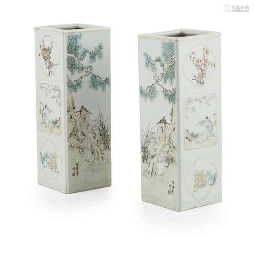 PAIR OF QIANJIANG ENAMELLED FOUR-SECTION VASES