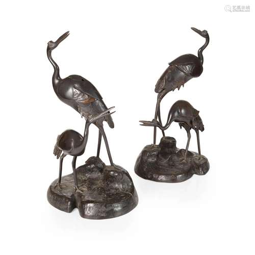 TWO JAPANESE BRONZE 'CRANE' KORO 20TH CENTURY