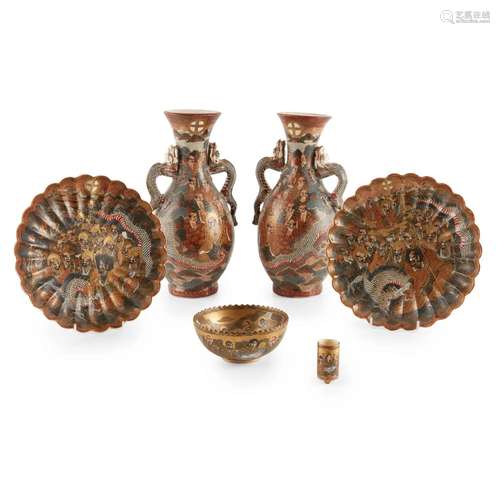 GROUP OF SIX 'RAKAN AND DRAGON' SATSUMA WARES MEIJ...