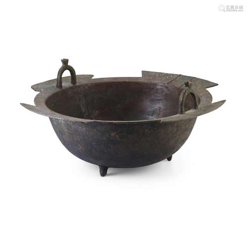 LARGE KHORASAN BRONZE BASIN WITH TWO HANDLES PERSIA,