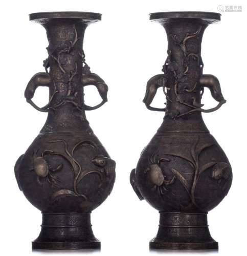 A pair of Japanese bronze vases, Meiji period, H 61 cm