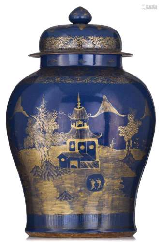 A Chinese blue ground and gilt decorated covered vase, 18thC...