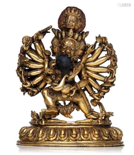 A fine Sino-Tibetan gilt-bronze figure of 'Yamantaka Vaj...