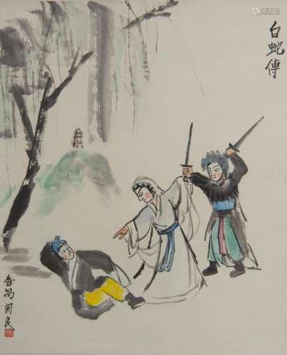 A Chinese scroll, opera characters, ink and watercolour on p...