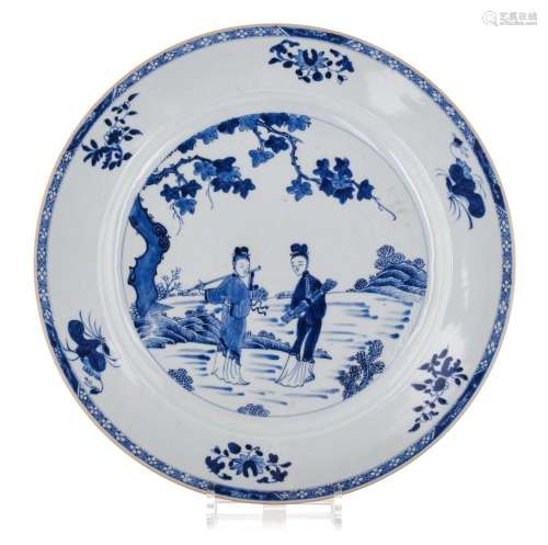 A Chinese blue and white 'Figural' plate, 18thC, ø 3...